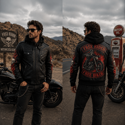 Free Rider Hooded Leather Biker Jacket, Skull Motorcycle Leather Jacket
