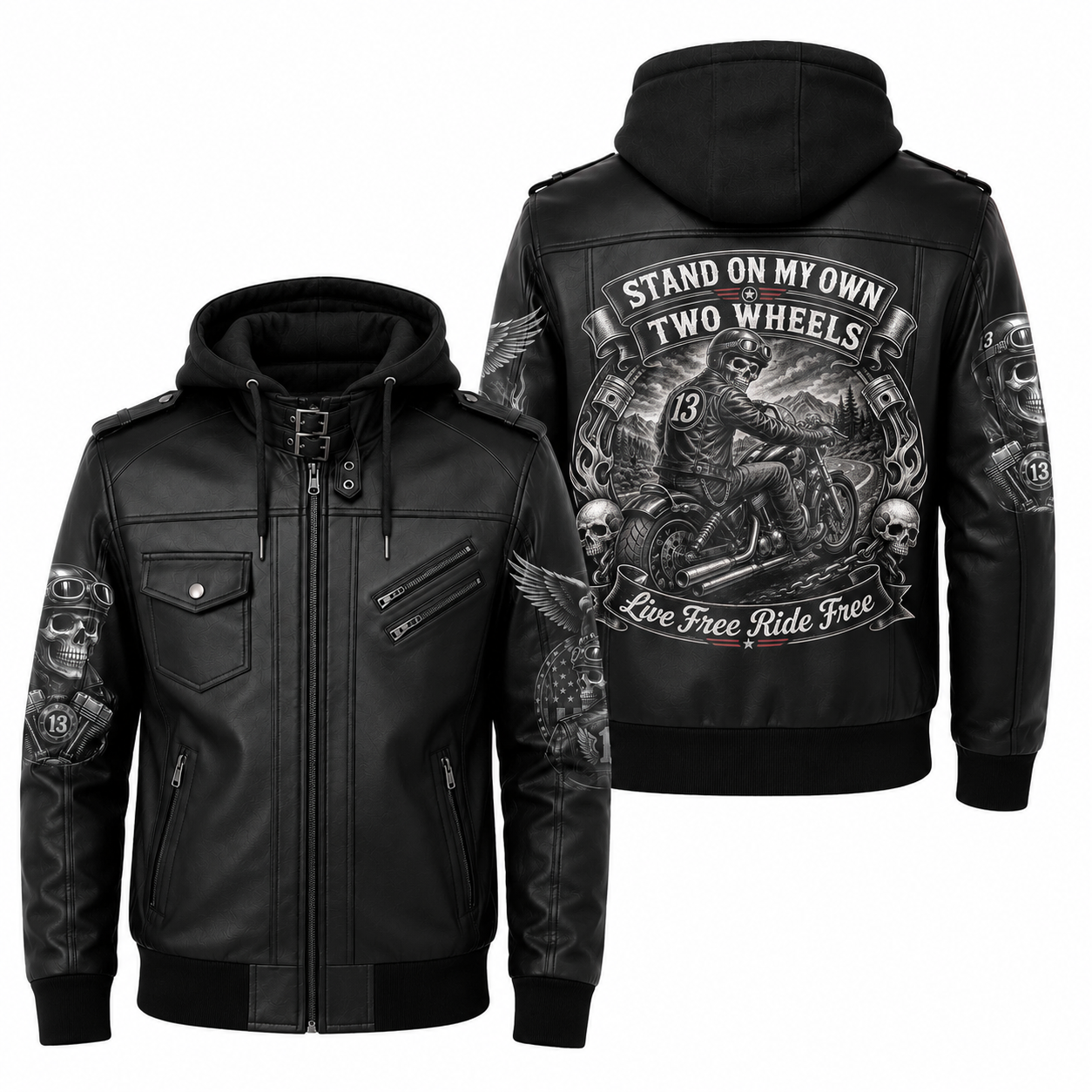 Stand On My Own Two Wheels Hooded Leather Biker Jacket, Live Free Ride Free Motorcycle Leather Jacket