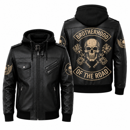 Brotherhood Of The Road Hooded Leather Biker Jacket, Skull Motorcycle Leather Jacket
