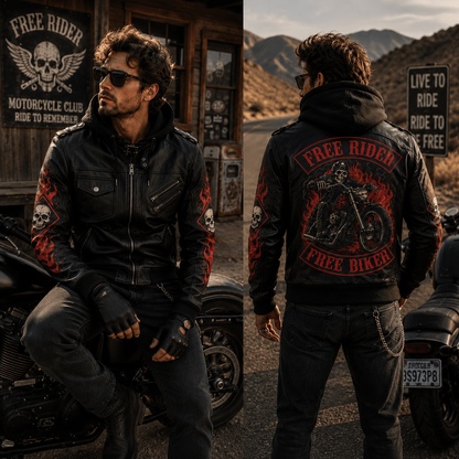 Free Rider Hooded Leather Biker Jacket, Skull Motorcycle Leather Jacket