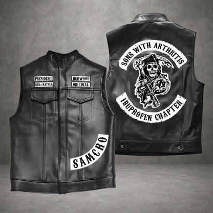 Men's Black Motorcycle Leather Vest, Classic Biker Riding Sleeveless Jacket With Zip Closure