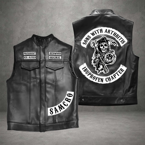 Men's Black Motorcycle Leather Vest, Classic Biker Riding Sleeveless Jacket With Zip Closure