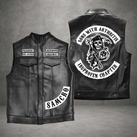 Men's Black Motorcycle Leather Vest, Classic Biker Riding Sleeveless Jacket With Zip Closure