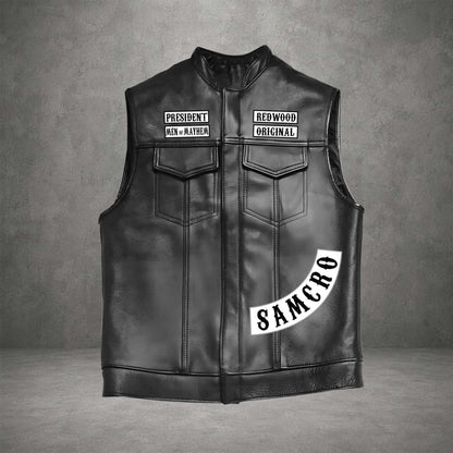 Men's Black Motorcycle Leather Vest, Classic Biker Riding Sleeveless Jacket With Zip Closure