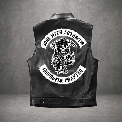 Men's Black Motorcycle Leather Vest, Classic Biker Riding Sleeveless Jacket With Zip Closure