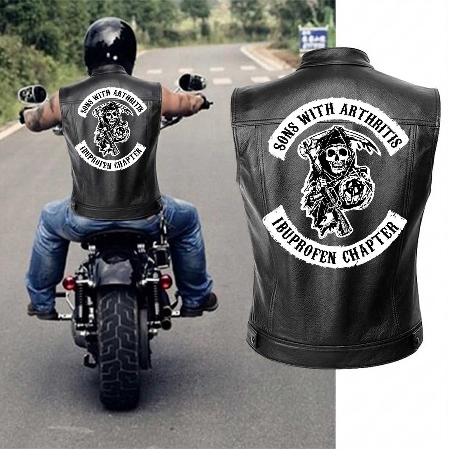 Men's Black Motorcycle Leather Vest, Classic Biker Riding Sleeveless Jacket With Zip Closure