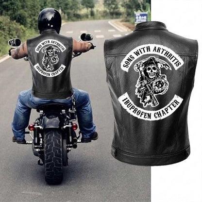 Men's Black Motorcycle Leather Vest, Classic Biker Riding Sleeveless Jacket With Zip Closure
