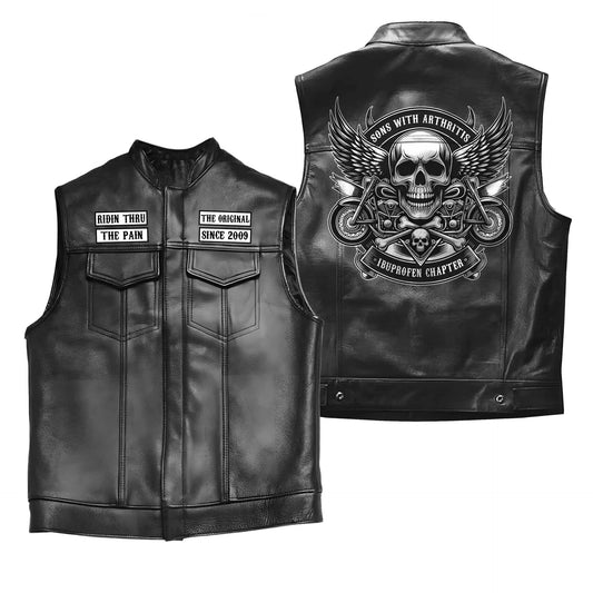 Men's Black Motorcycle Leather Vest, Classic Biker Riding Sleeveless Jacket With Zip Closure RL2