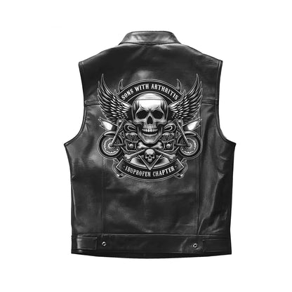 Men's Black Motorcycle Leather Vest, Classic Biker Riding Sleeveless Jacket With Zip Closure RL2