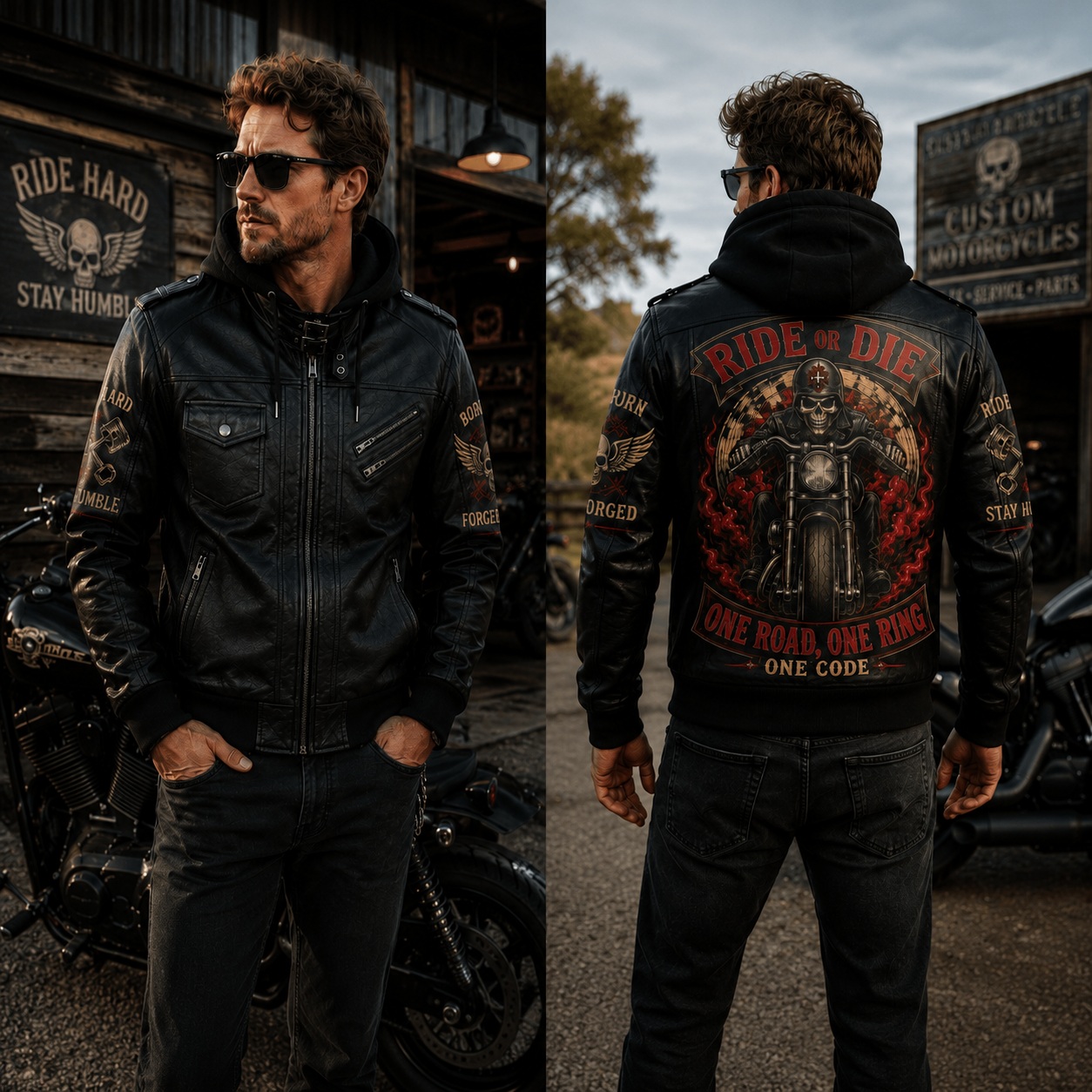 Ride Or Die Hooded Leather Biker Jacket, Skull Motorcycle Leather Jacket