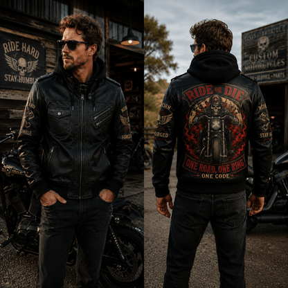Ride Or Die Hooded Leather Biker Jacket, Skull Motorcycle Leather Jacket