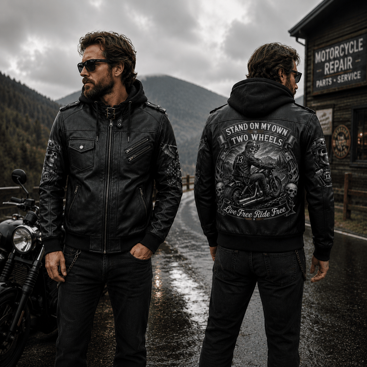 Stand On My Own Two Wheels Hooded Leather Biker Jacket, Live Free Ride Free Motorcycle Leather Jacket