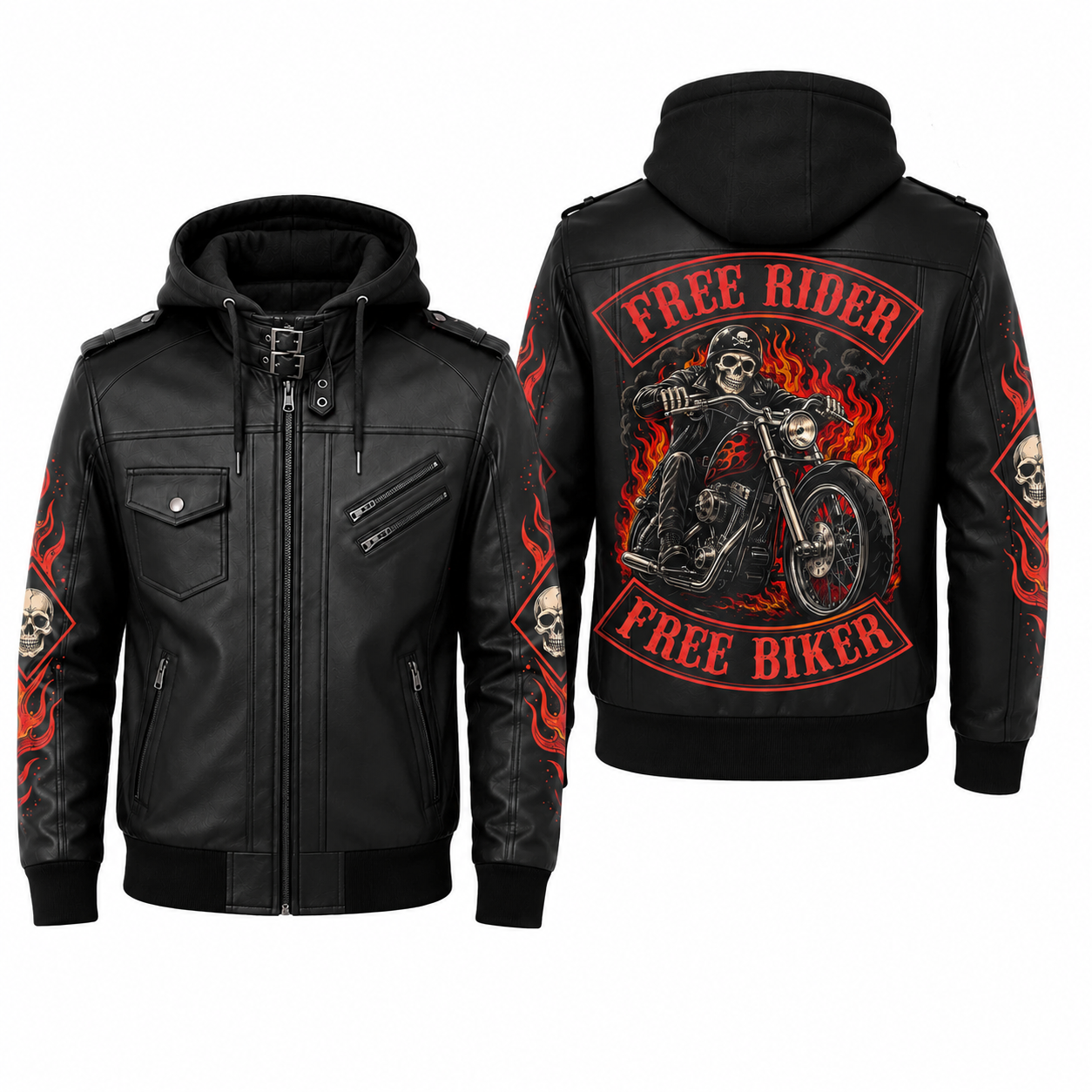 Free Rider Hooded Leather Biker Jacket, Skull Motorcycle Leather Jacket