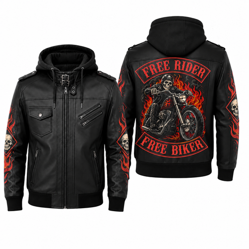 Free Rider Hooded Leather Biker Jacket, Skull Motorcycle Leather Jacket