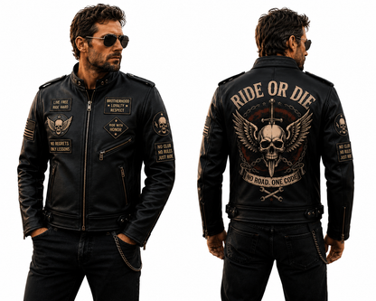 Ride or Die Skull Wing Leather Biker Jacket, Men’s Black Motorcycle Jacket