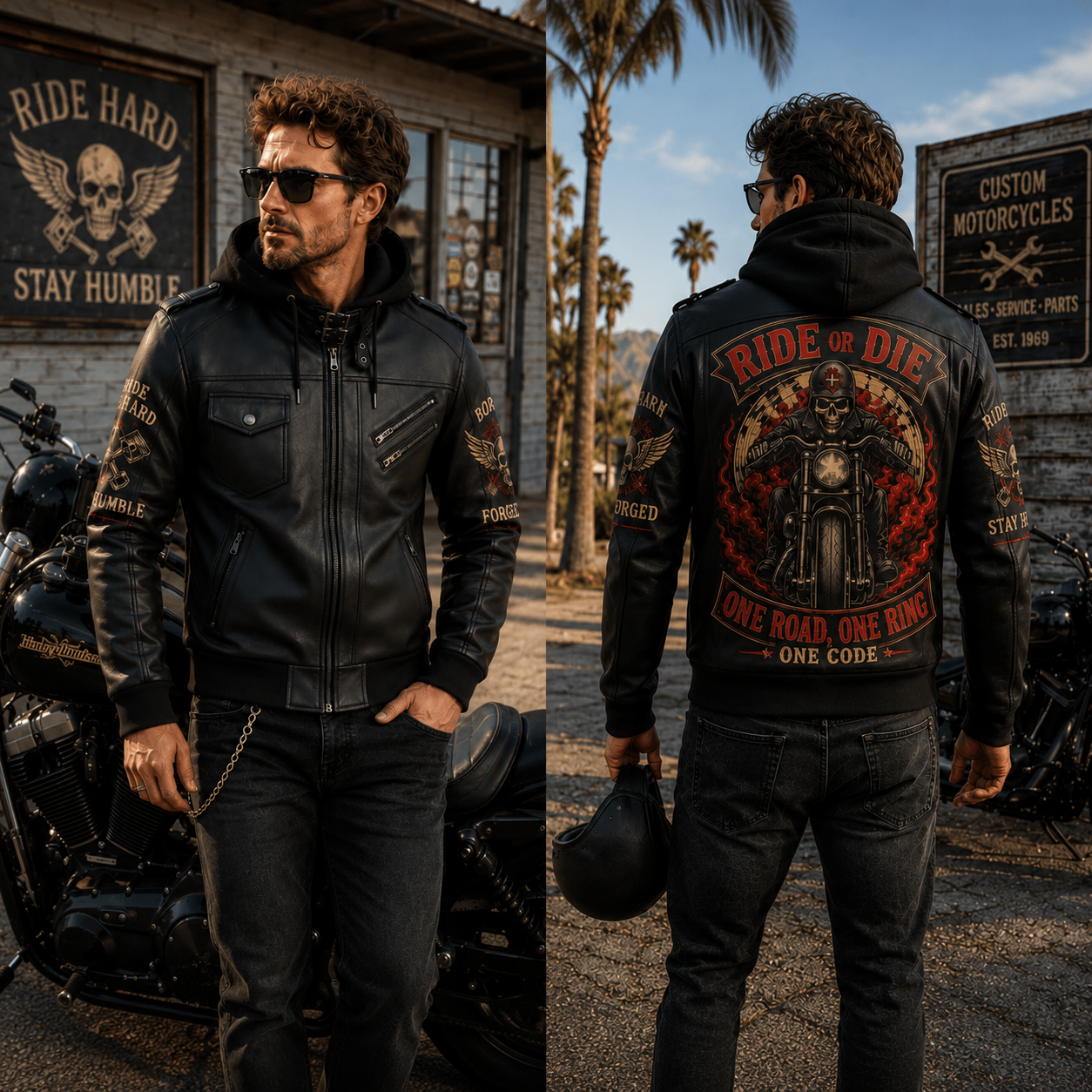 Ride Or Die Hooded Leather Biker Jacket, Skull Motorcycle Leather Jacket