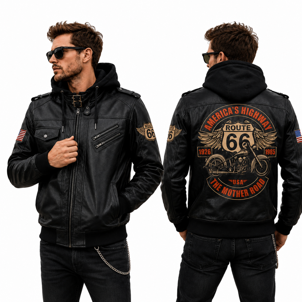 Route 66 Hooded Leather Biker Jacket, America's Highway Motorcycle Leather Jacket