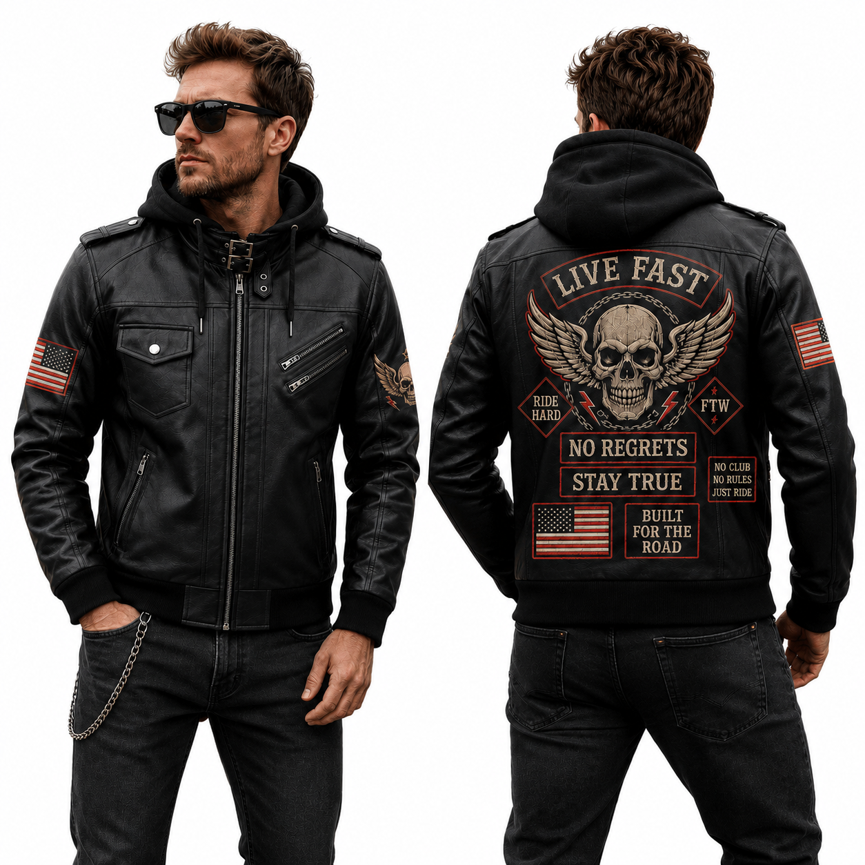 Live Fast Hooded Leather Biker Jacket, Skull Motorcycle Leather Jacket