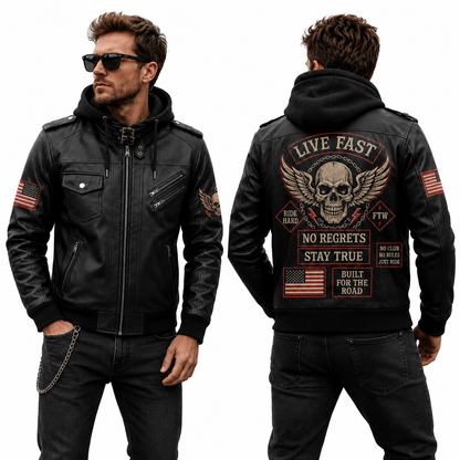 Live Fast Hooded Leather Biker Jacket, Skull Motorcycle Leather Jacket