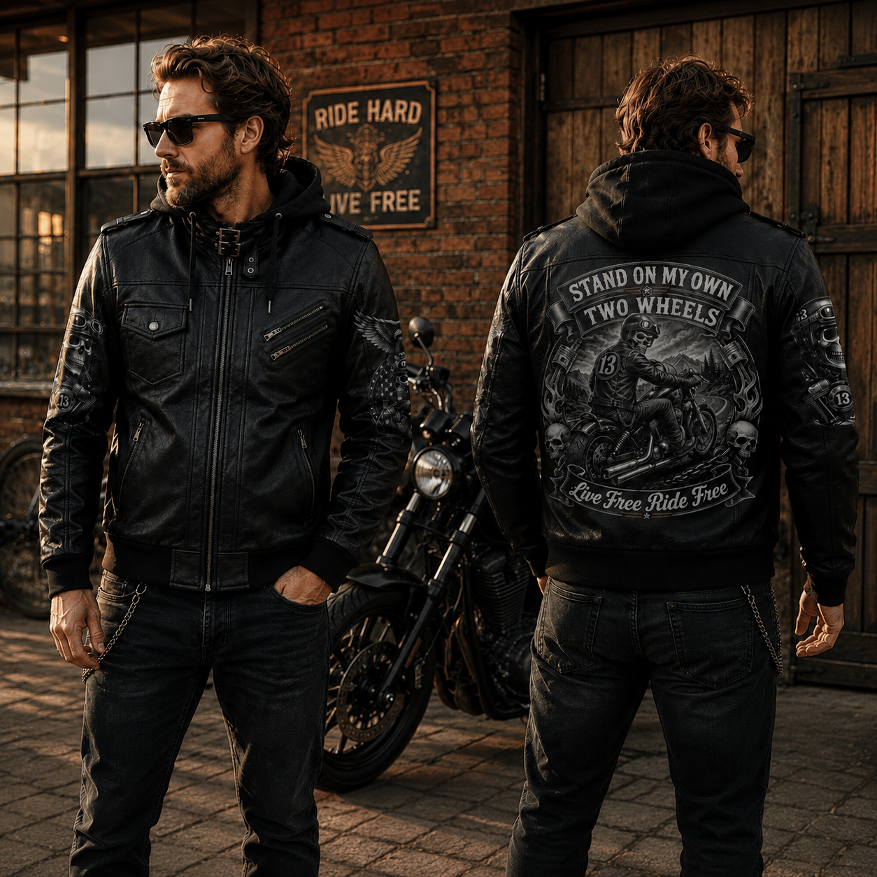 Stand On My Own Two Wheels Hooded Leather Biker Jacket, Live Free Ride Free Motorcycle Leather Jacket