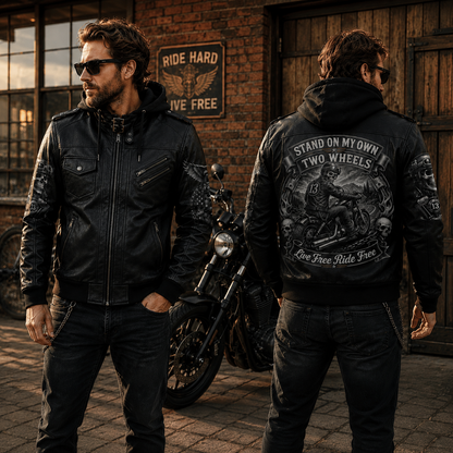 Stand On My Own Two Wheels Hooded Leather Biker Jacket, Live Free Ride Free Motorcycle Leather Jacket