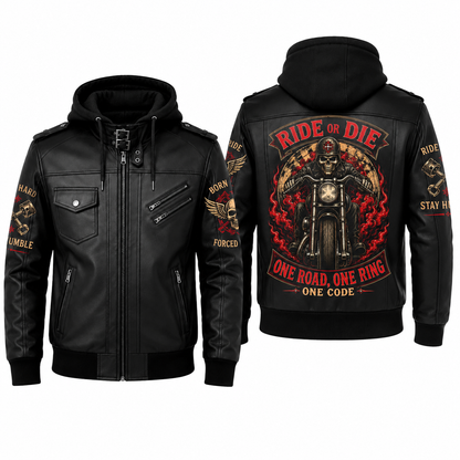 Ride Or Die Hooded Leather Biker Jacket, Skull Motorcycle Leather Jacket