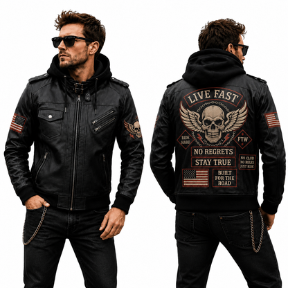 Live Fast Hooded Leather Biker Jacket, Skull Motorcycle Leather Jacket