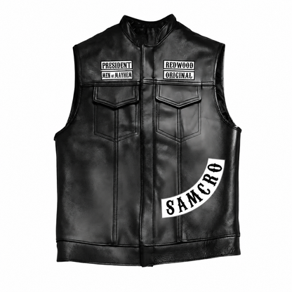 Men's Black Motorcycle Leather Vest, Classic Biker Riding Sleeveless Jacket With Zip Closure