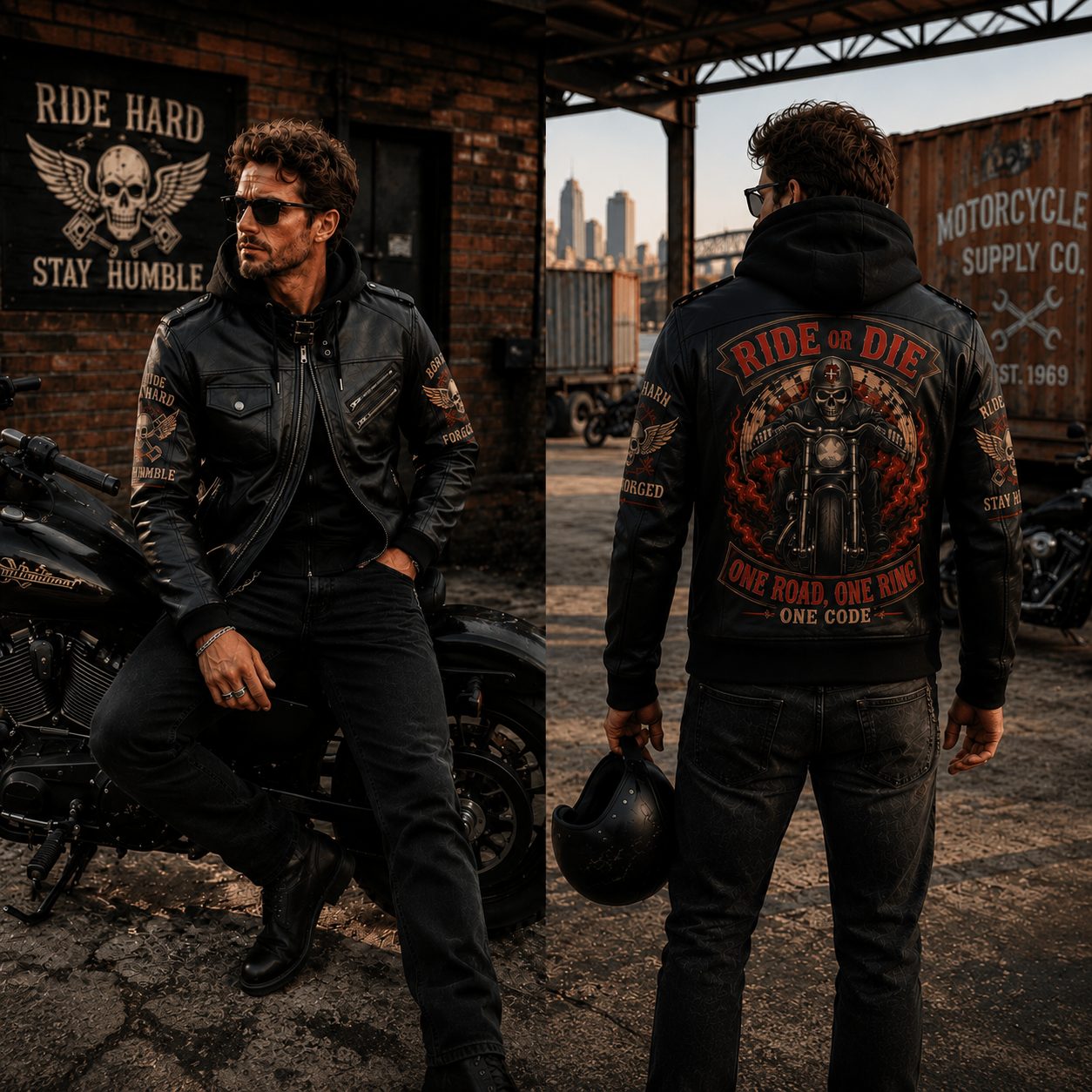 Ride Or Die Hooded Leather Biker Jacket, Skull Motorcycle Leather Jacket
