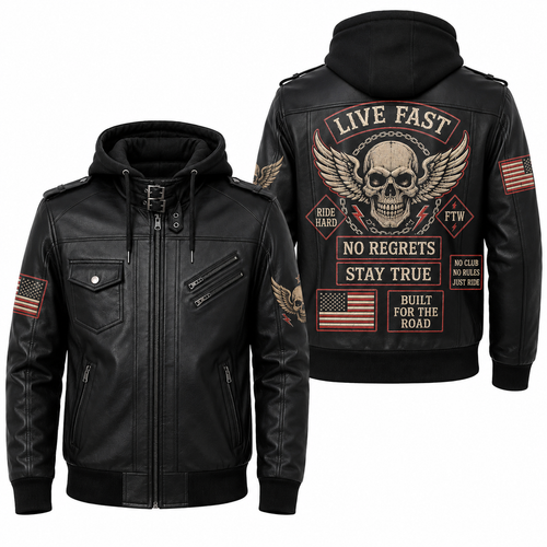 Live Fast Hooded Leather Biker Jacket, Skull Motorcycle Leather Jacket