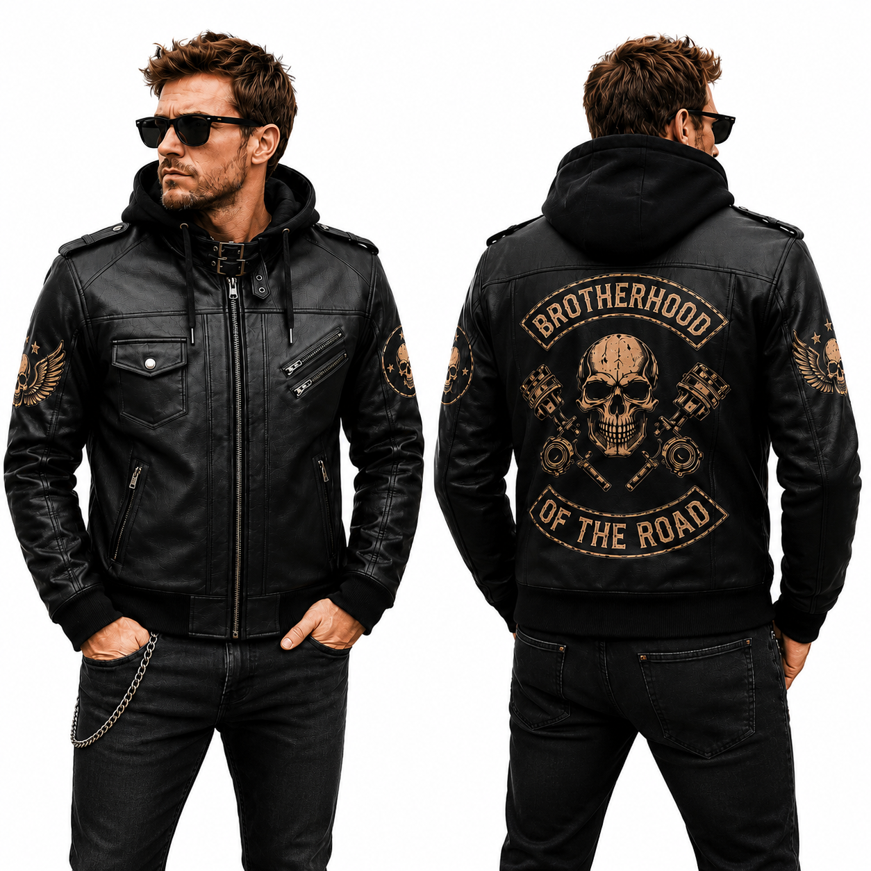 Brotherhood Of The Road Hooded Leather Biker Jacket, Skull Motorcycle Leather Jacket