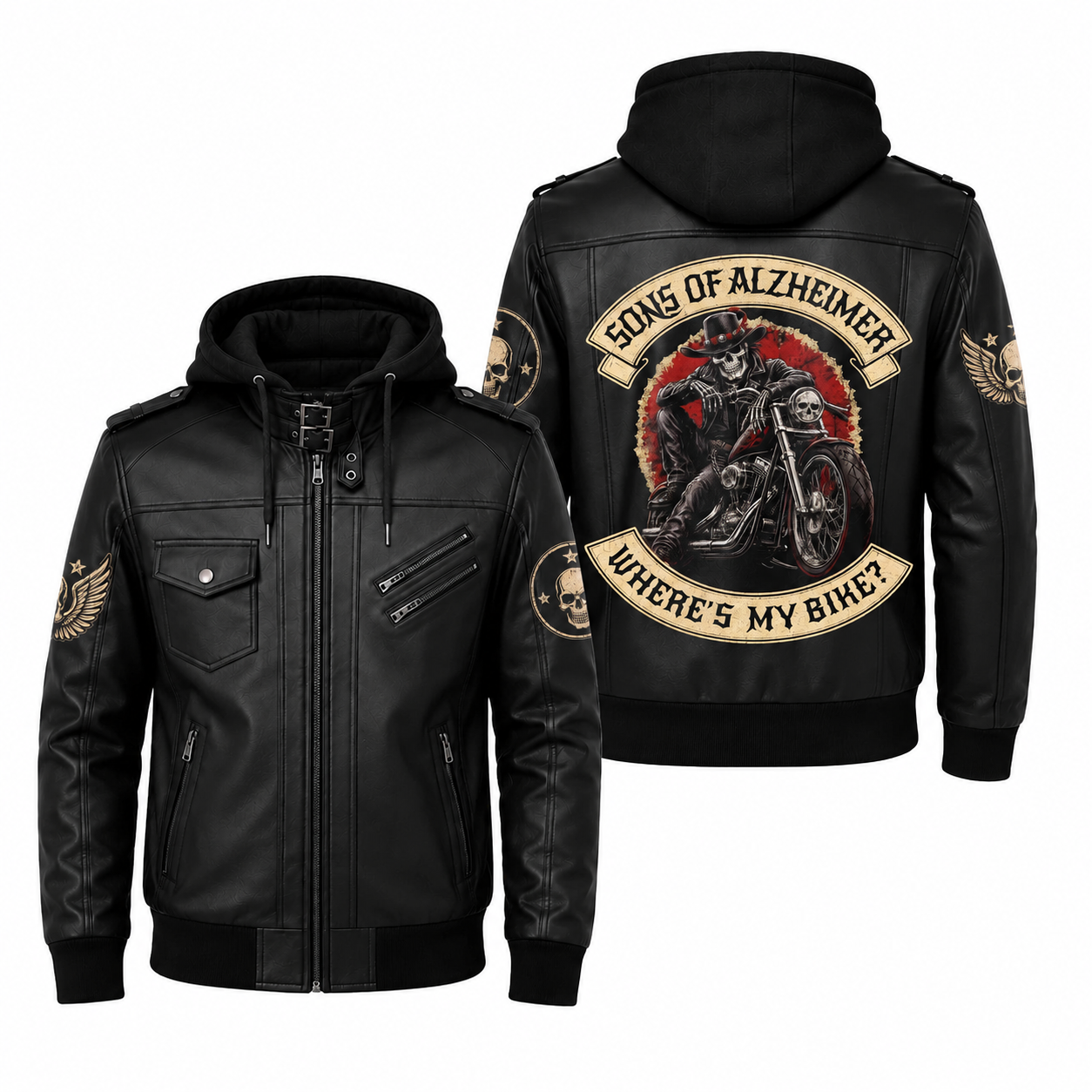 Skull Motorcycle Hooded Leather Jacket, Where's My Rider Edition