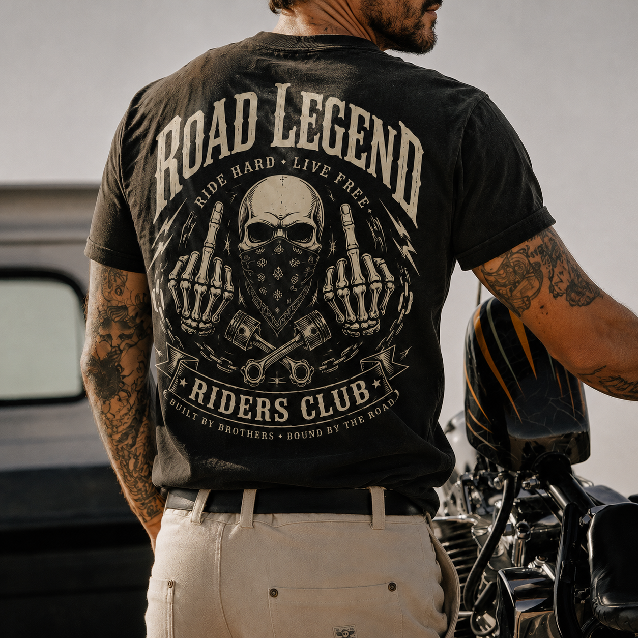 Riders Legend Bound By The Road Vintage Biker Back Print T-Shirt