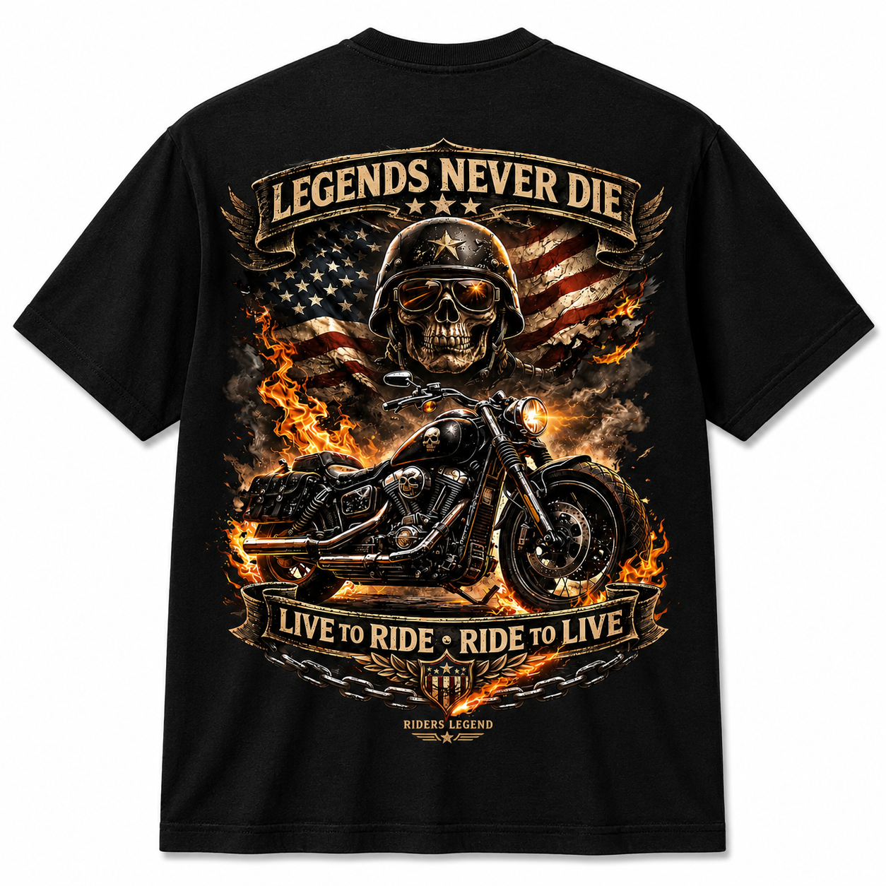 Riders Legend Live To Ride Skull Motorcycle T-Shirt