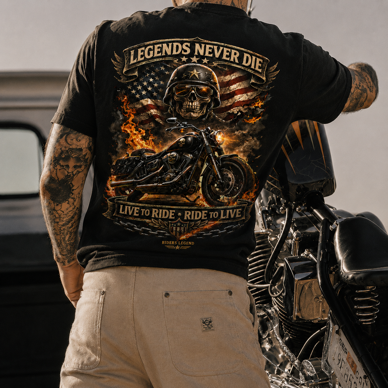Riders Legend Live To Ride Skull Motorcycle T-Shirt