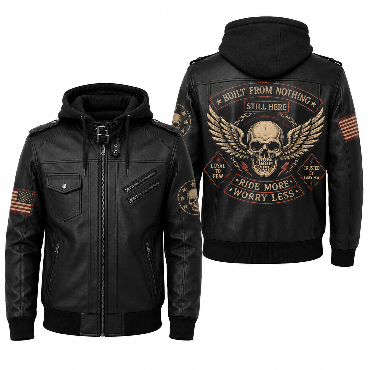Built From Nothing Hooded Leather Biker Jacket, Skull Motorcycle Leather Jacket