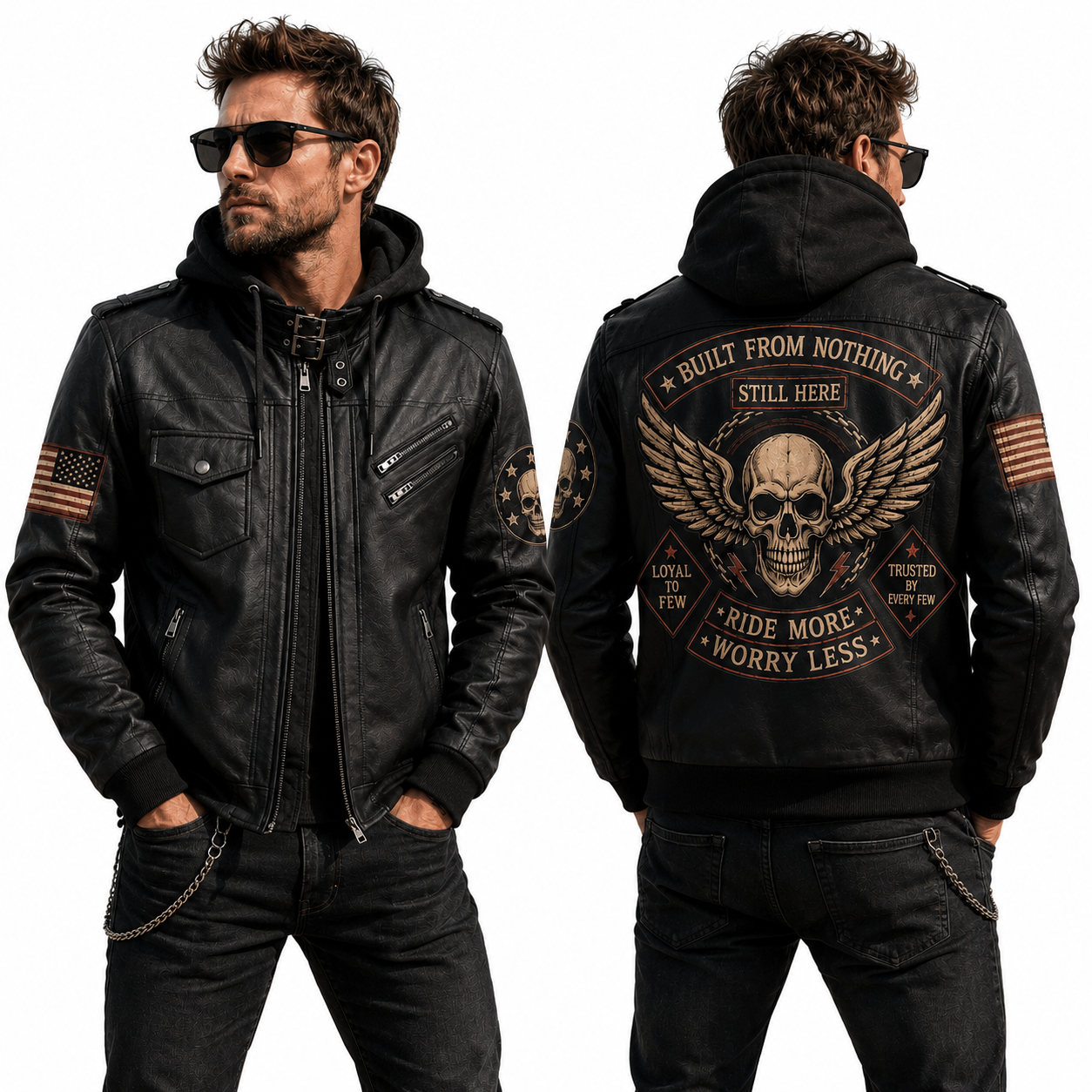 Built From Nothing Hooded Leather Biker Jacket, Skull Motorcycle Leather Jacket
