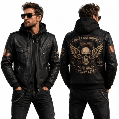 Built From Nothing Hooded Leather Biker Jacket, Skull Motorcycle Leather Jacket