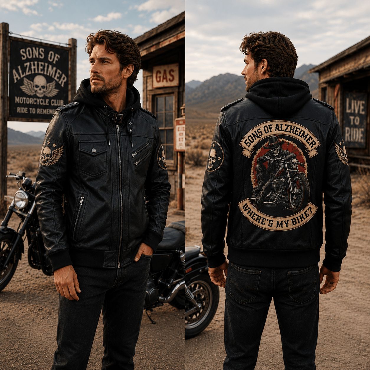 Skull Motorcycle Hooded Leather Jacket, Where's My Rider Edition