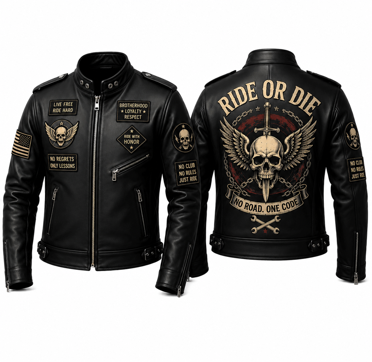 Ride or Die Skull Wing Leather Biker Jacket, Men’s Black Motorcycle Jacket