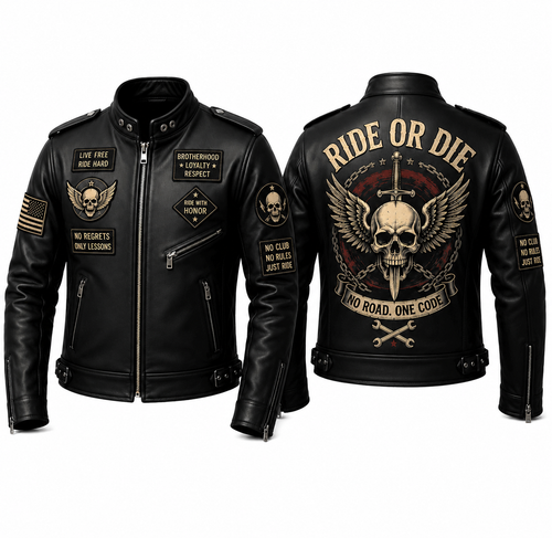 Ride or Die Skull Wing Leather Biker Jacket, Men’s Black Motorcycle Jacket