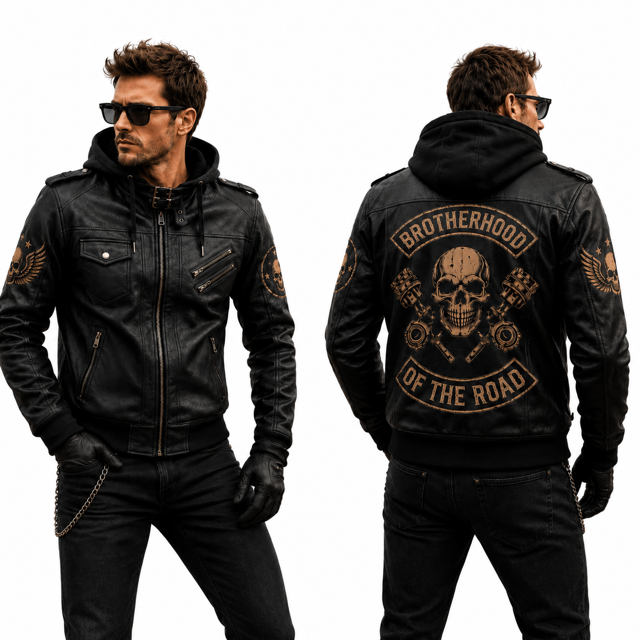 Brotherhood Of The Road Hooded Leather Biker Jacket, Skull Motorcycle Leather Jacket