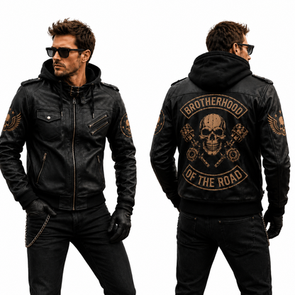 Brotherhood Of The Road Hooded Leather Biker Jacket, Skull Motorcycle Leather Jacket