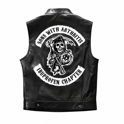 Men's Black Motorcycle Leather Vest, Classic Biker Riding Sleeveless Jacket With Zip Closure