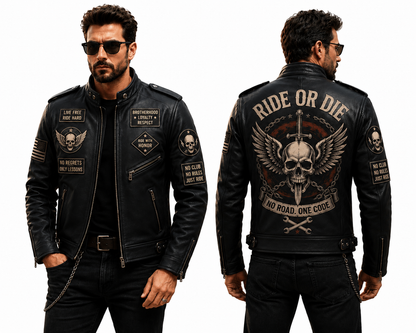 Ride or Die Skull Wing Leather Biker Jacket, Men’s Black Motorcycle Jacket