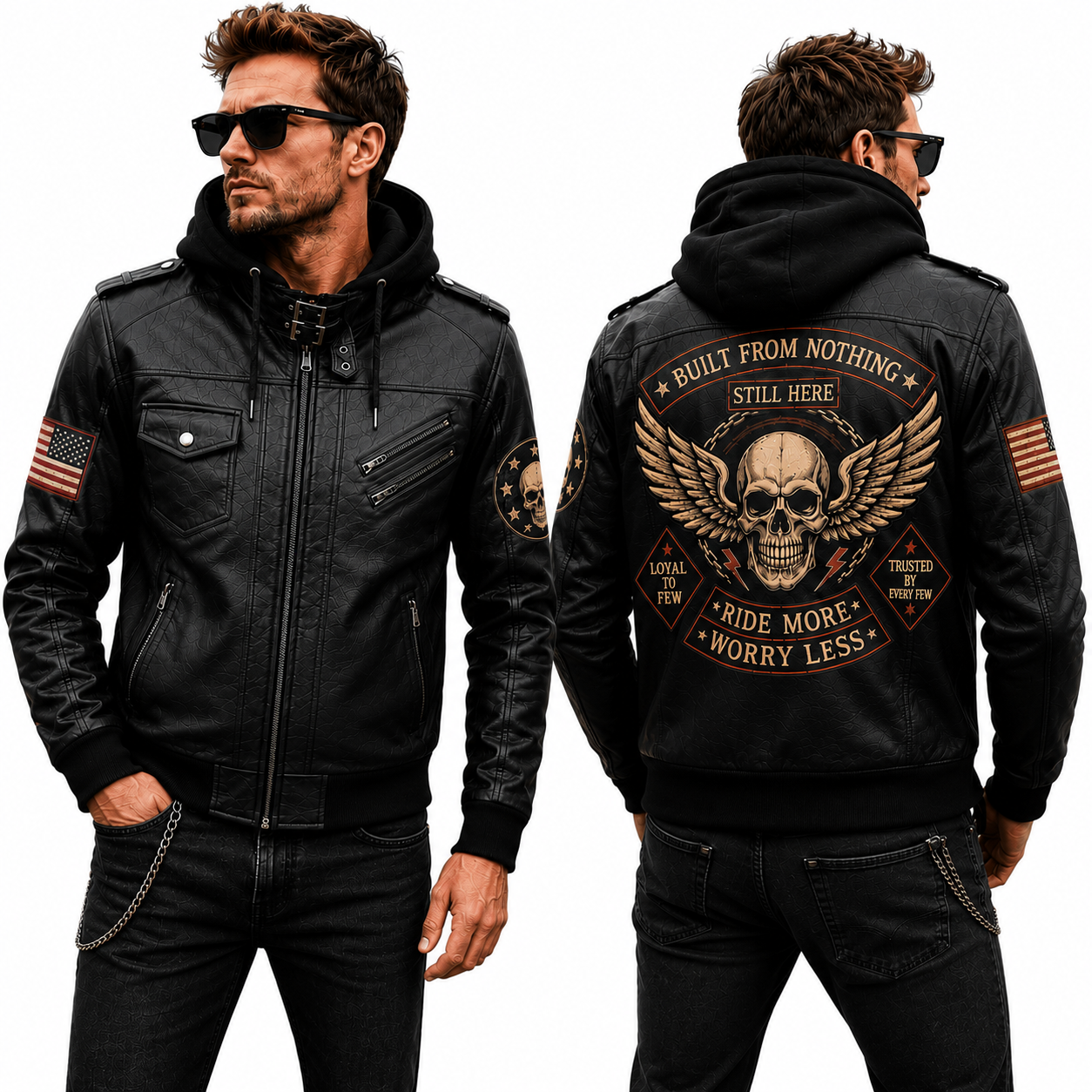 Built From Nothing Hooded Leather Biker Jacket, Skull Motorcycle Leather Jacket