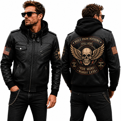 Built From Nothing Hooded Leather Biker Jacket, Skull Motorcycle Leather Jacket