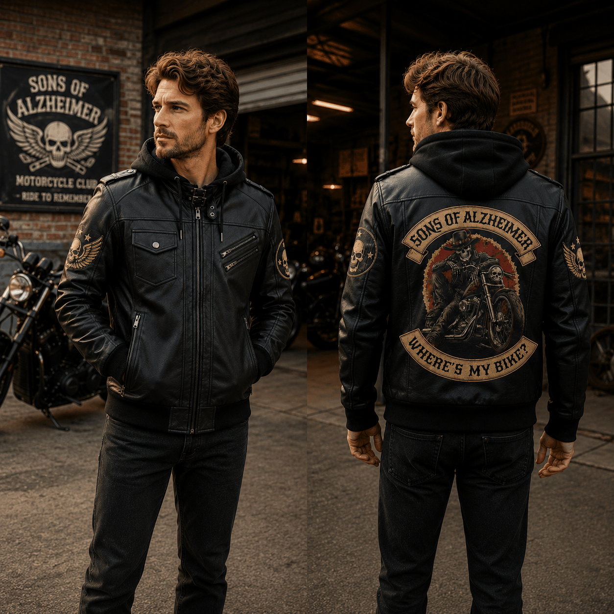 Skull Motorcycle Hooded Leather Jacket, Where's My Rider Edition