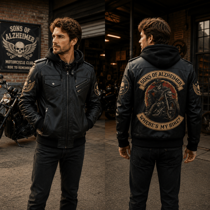 Skull Motorcycle Hooded Leather Jacket, Where's My Rider Edition