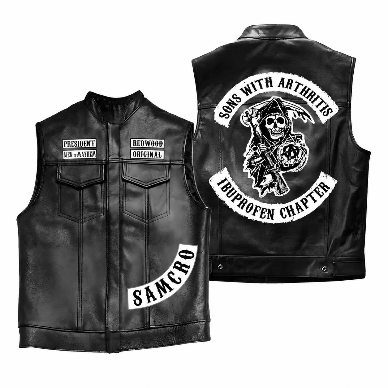 Men's Black Motorcycle Leather Vest, Classic Biker Riding Sleeveless Jacket With Zip Closure